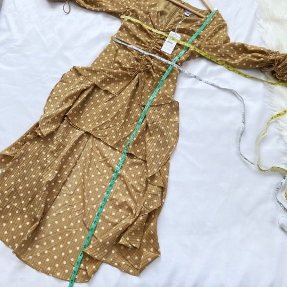 NWT Finders Keepers Rosie Tan Hi-Lo Polka Dot Ruffle Ruched Ruffle Dress S - Picture 9 of 11